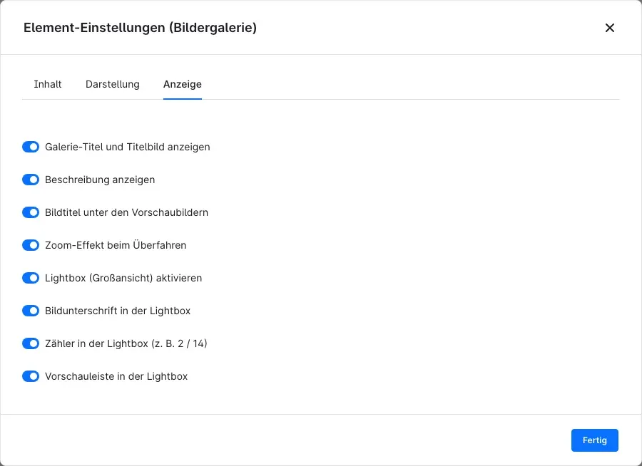 Element-Einstellungen, Reiter Anzeige