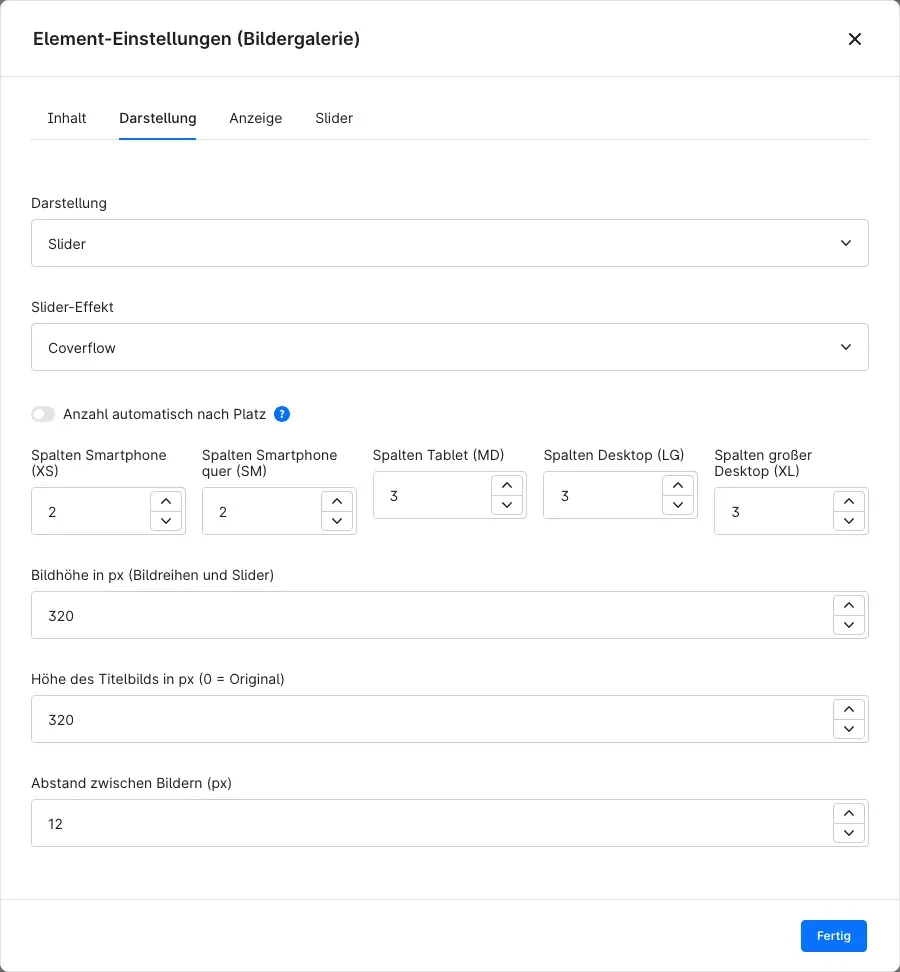 Element-Einstellungen, Darstellung Slider mit Slider-Effekt