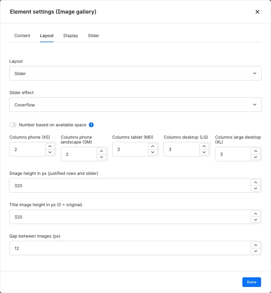 Element settings, Slider layout with slider effect