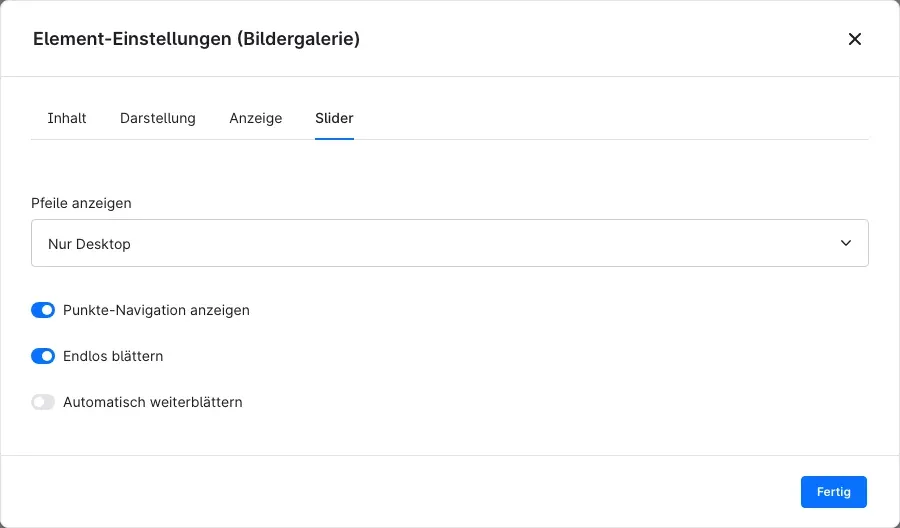 Element-Einstellungen, Reiter Slider
