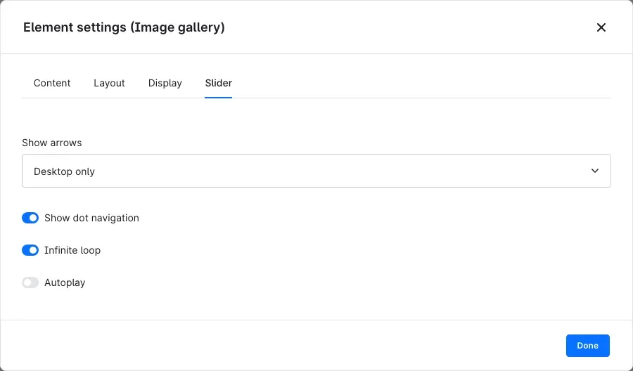 Element settings, Slider tab