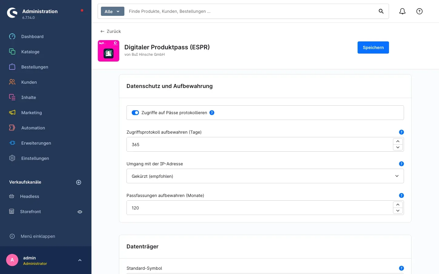 Die Karte „Datenschutz und Aufbewahrung“