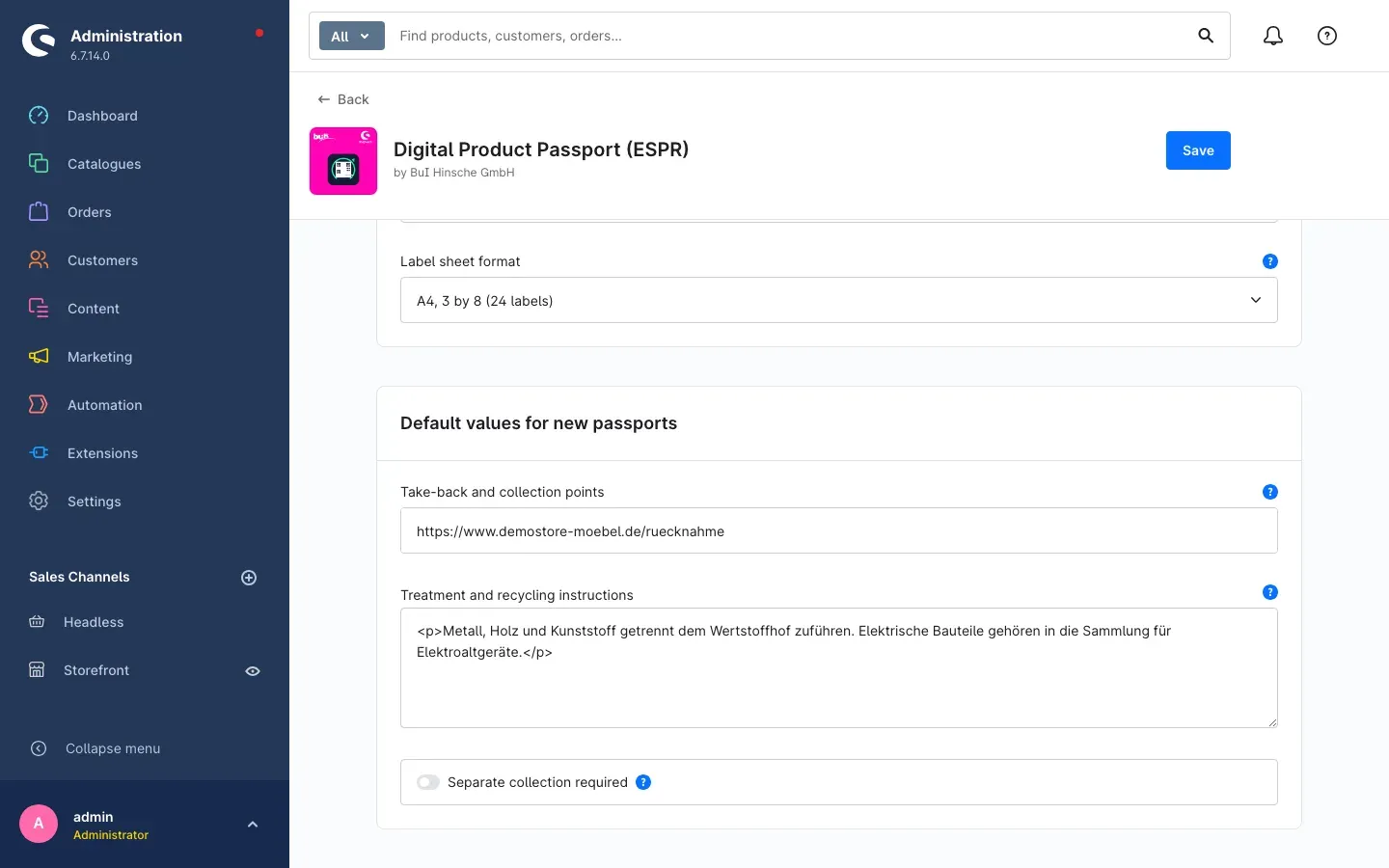 The "Default values for new passports" card