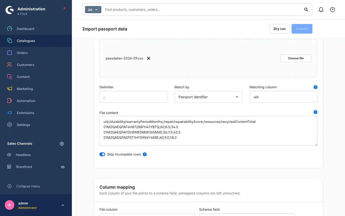 The import page