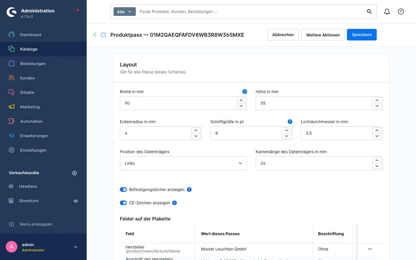 Der Layout-Editor des Typenschilds