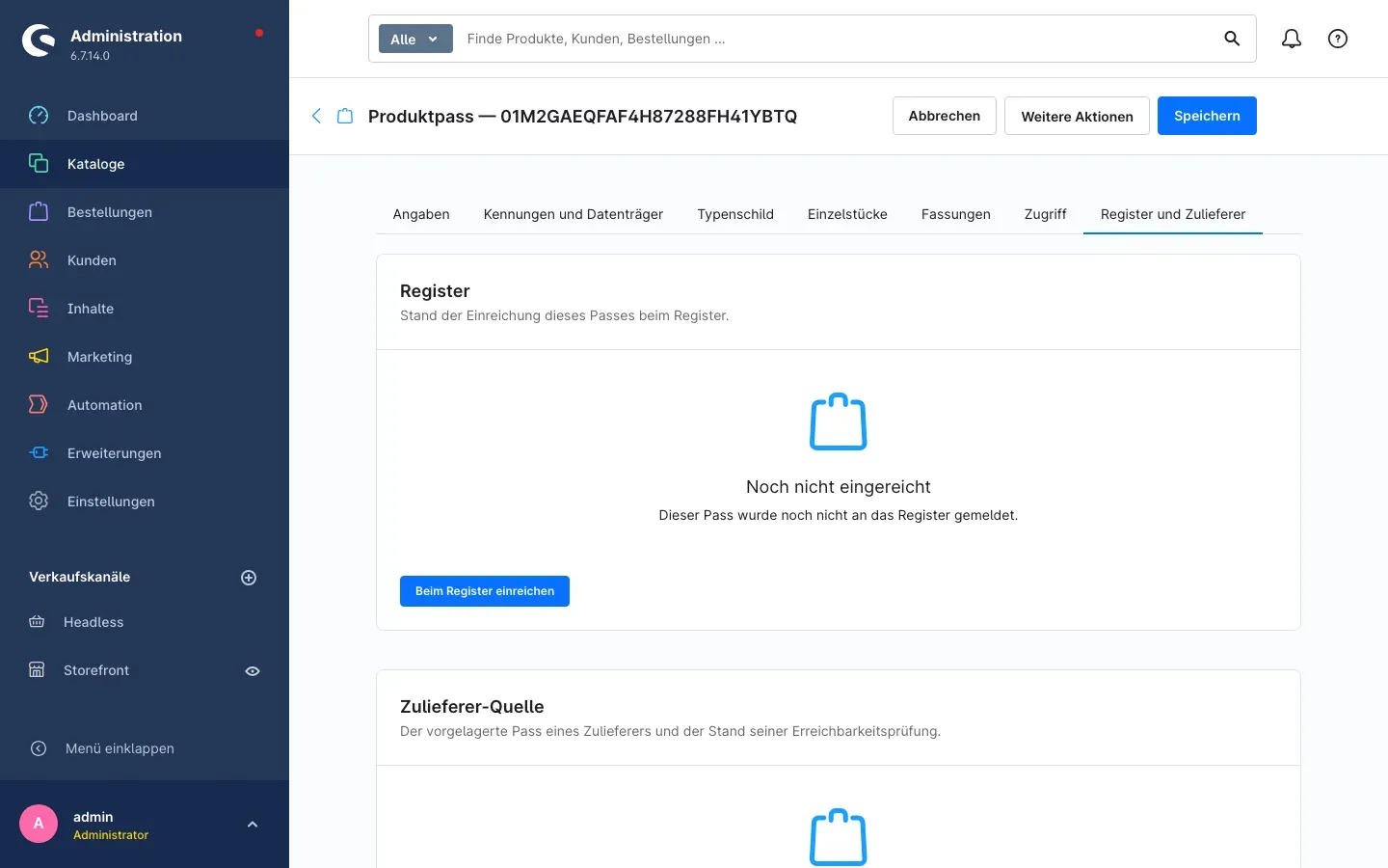 Der Reiter „Register und Zulieferer“