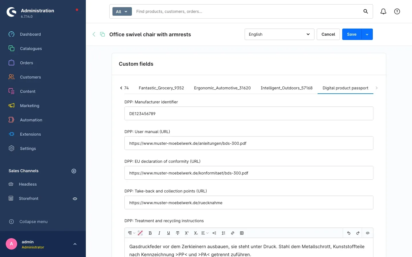 The "Digital product passport" field set on the product
