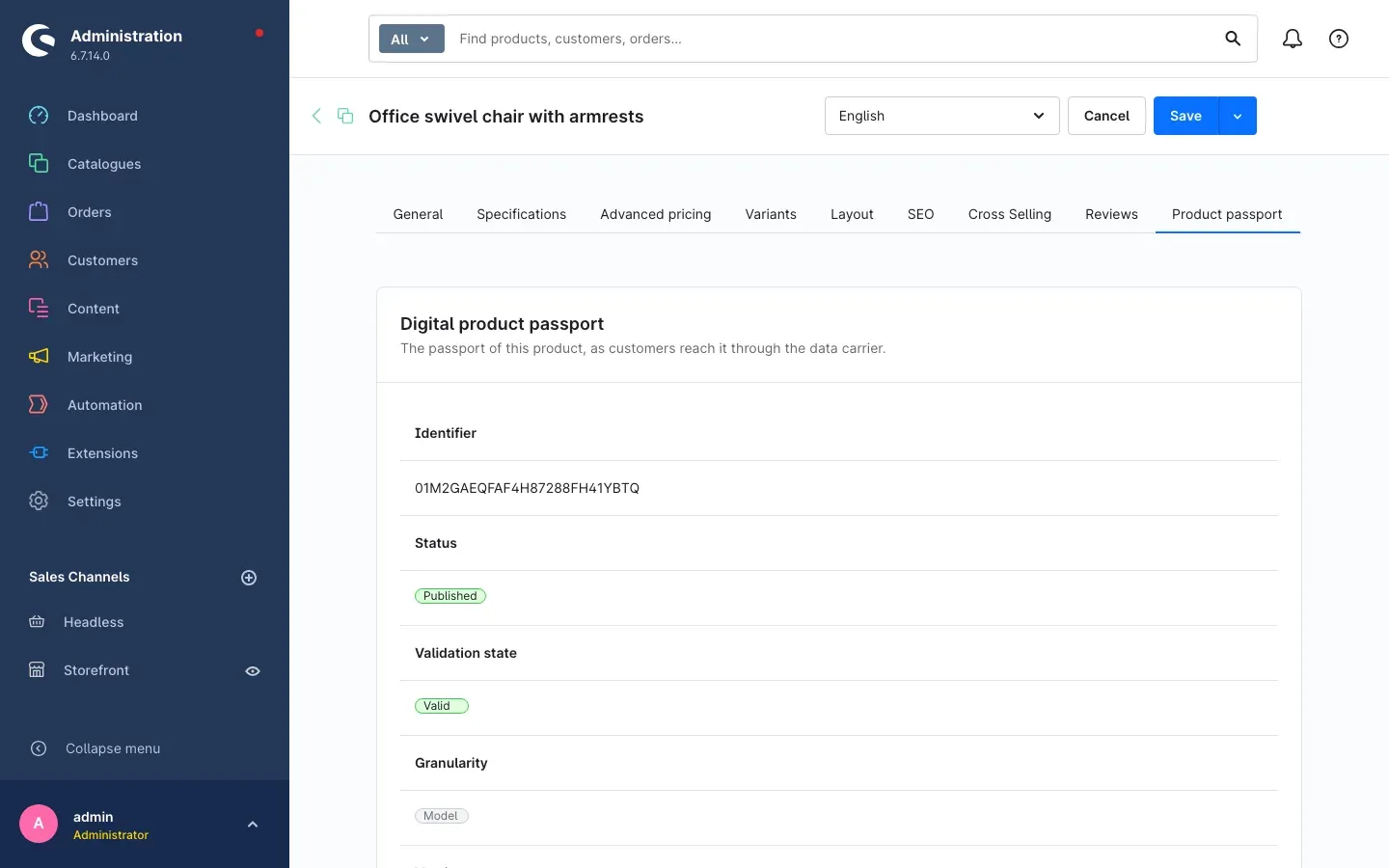 The "Product passport" tab in product management