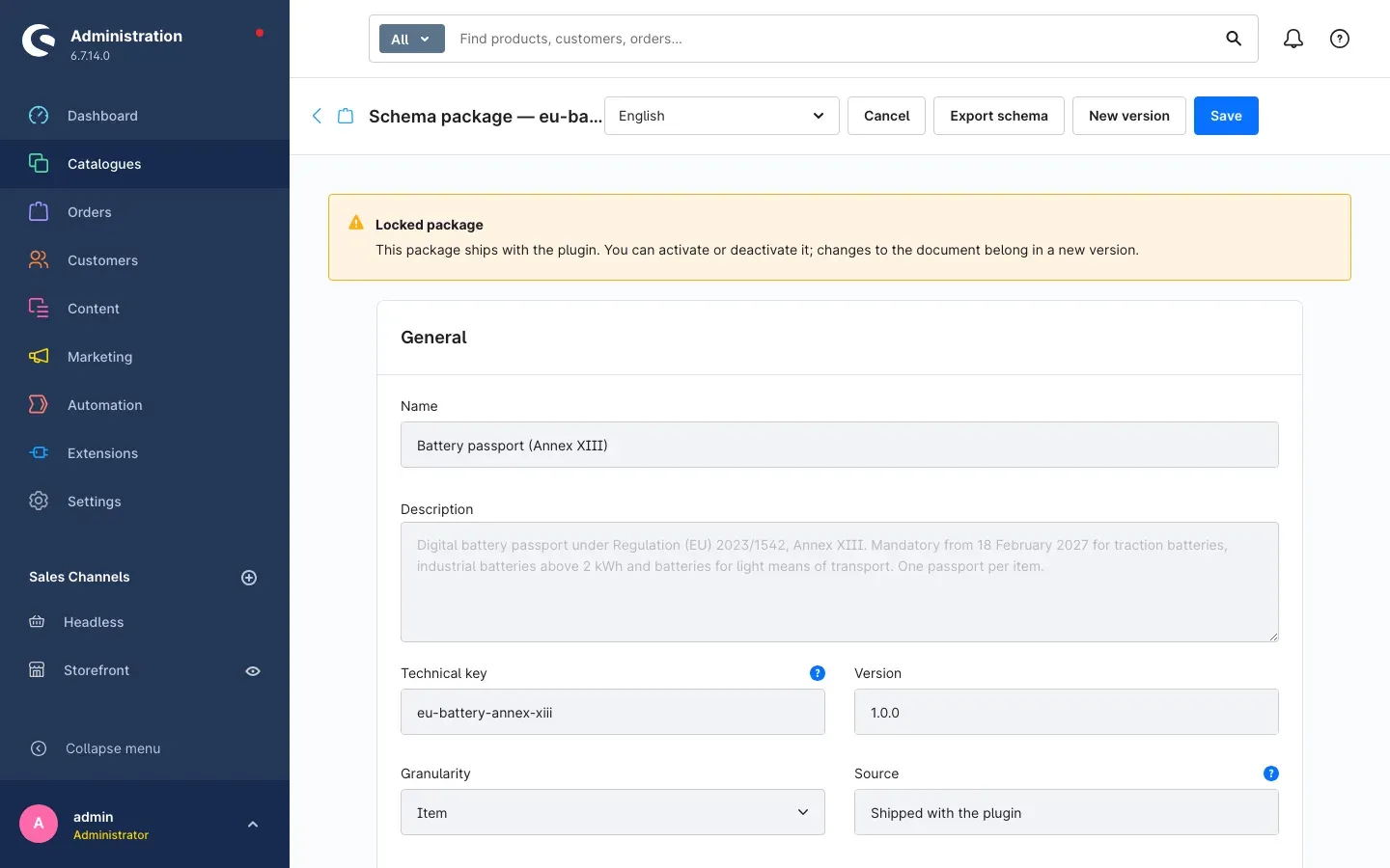 The detail page of a schema package