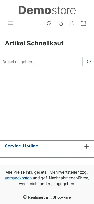Schnellkauf-Seite in der Smartphone-Ansicht