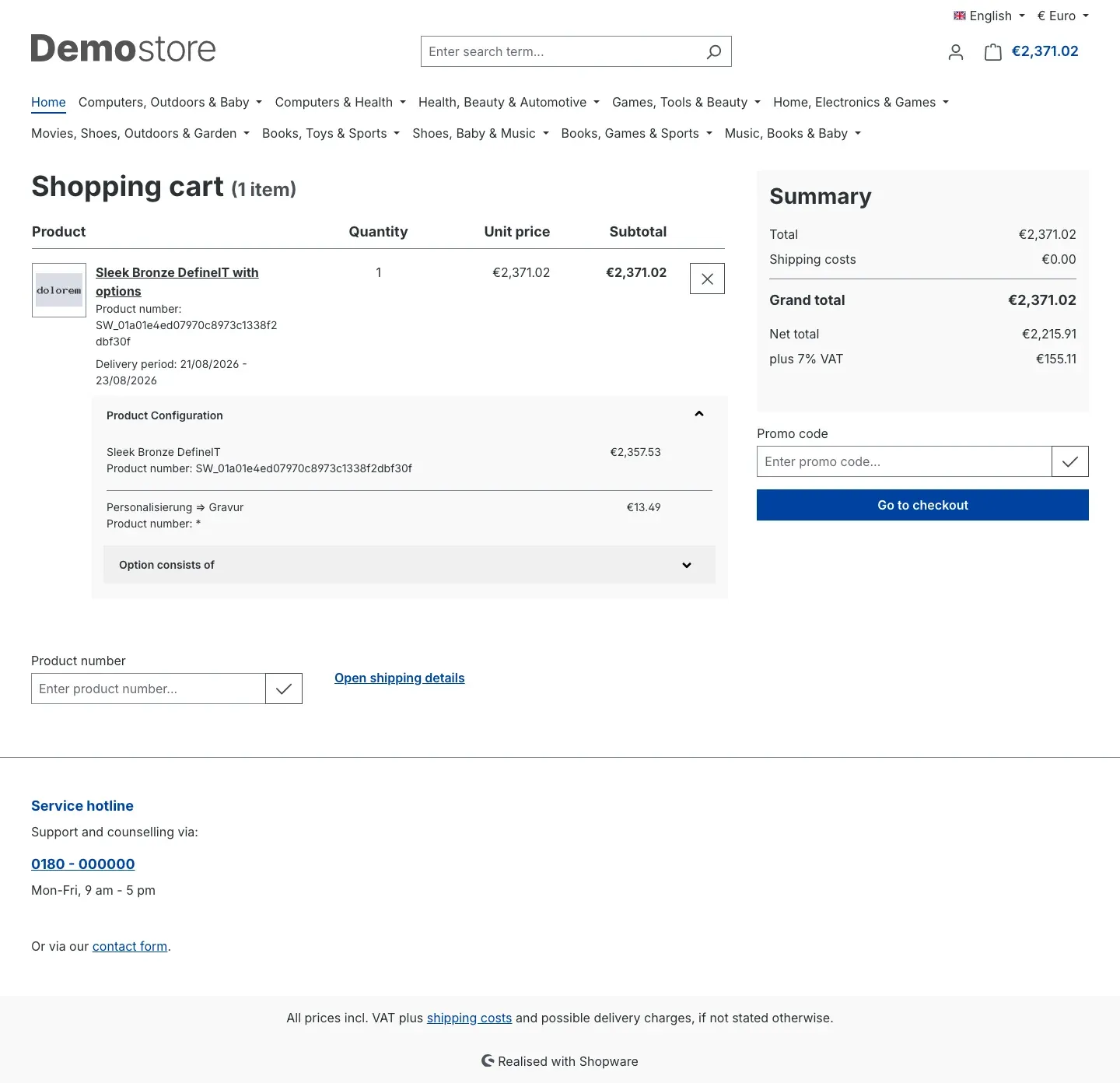 Shopping cart with delivery inside Germany