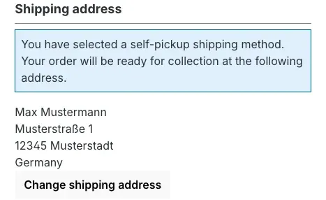The full confirm page for context: self-pickup notice and the stored pickup address
