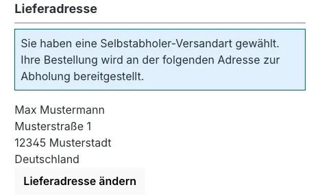 Die vollständige Bestätigungsseite als Kontext: Hinweis zur Selbstabholung und die hinterlegte Abholadresse