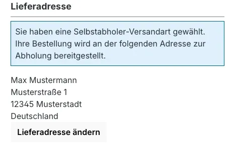 Die vollständige Bestätigungsseite als Kontext: Hinweis zur Selbstabholung und die hinterlegte Abholadresse