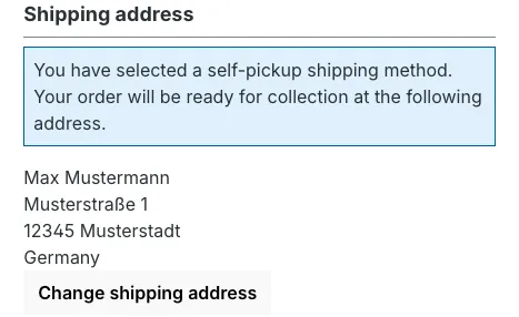 The full confirm page for context: self-pickup notice and the stored pickup address