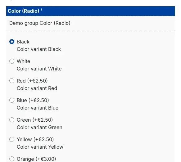 Option group with surcharges in the shop