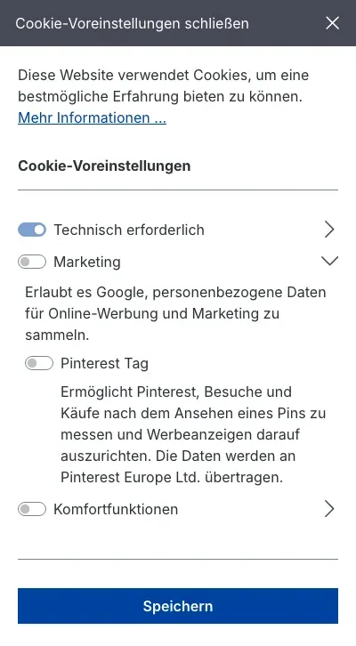 Cookie-Voreinstellungen mit dem Eintrag „Pinterest Tag“