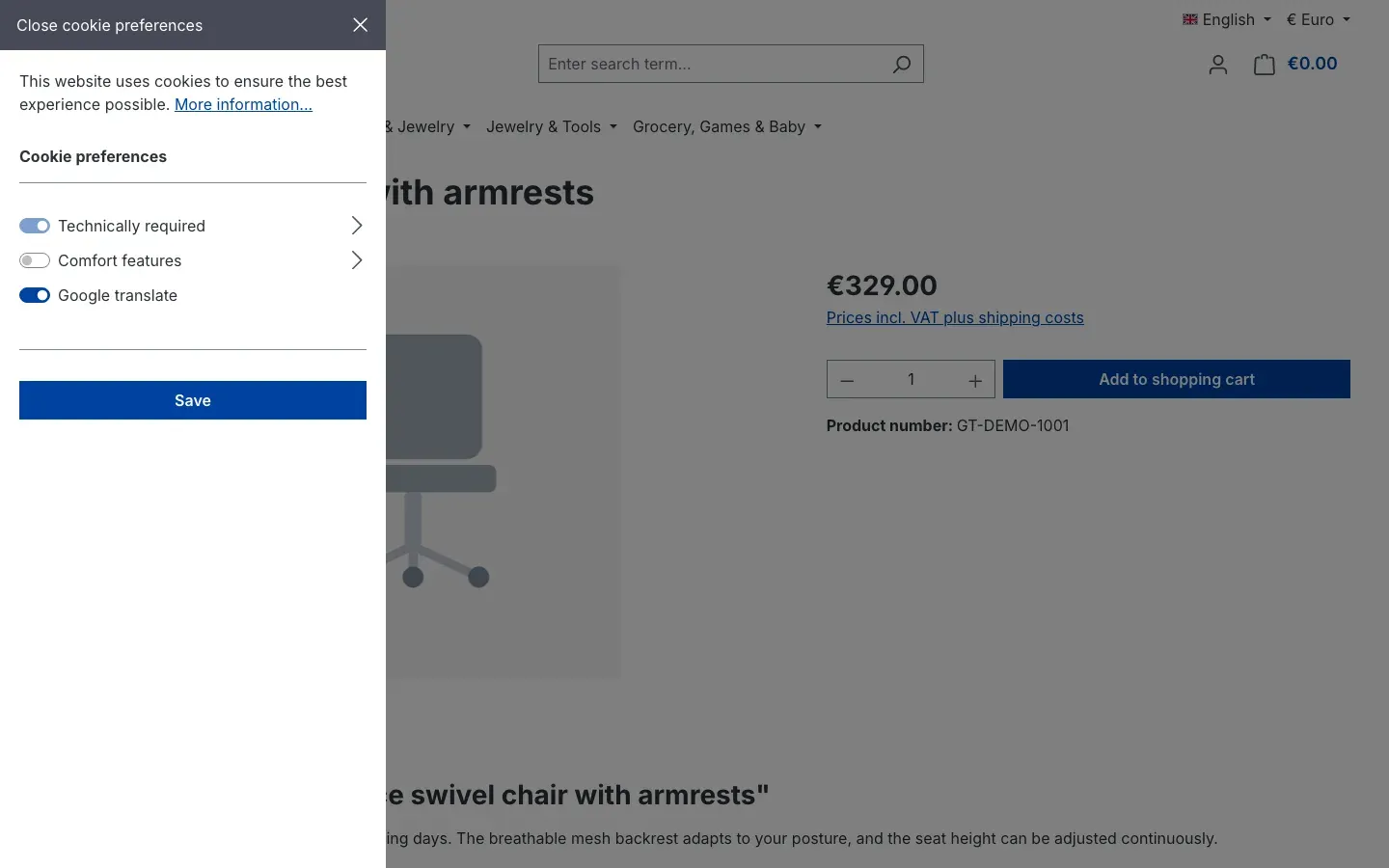 Cookie preferences with the Google Translate entry