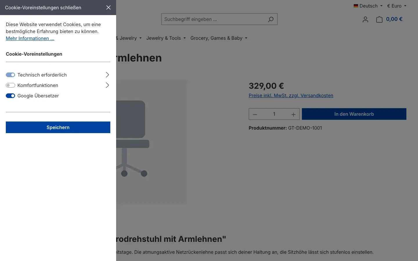 Cookie-Voreinstellungen mit dem Eintrag Google Übersetzer
