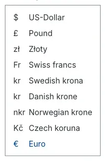 The open currency selector in the shop