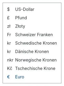 Geöffnete Währungsauswahl im Shop