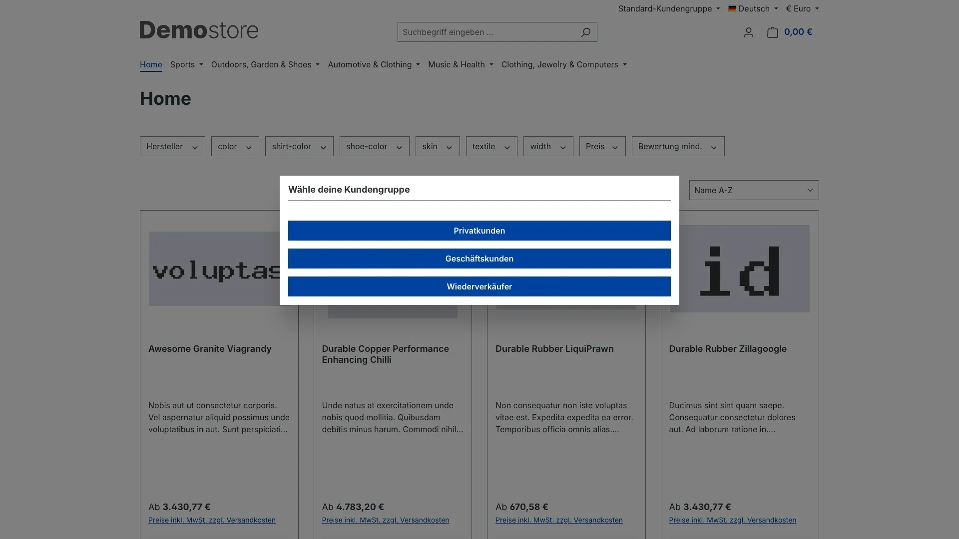 Das Popup beim Betreten des Shops