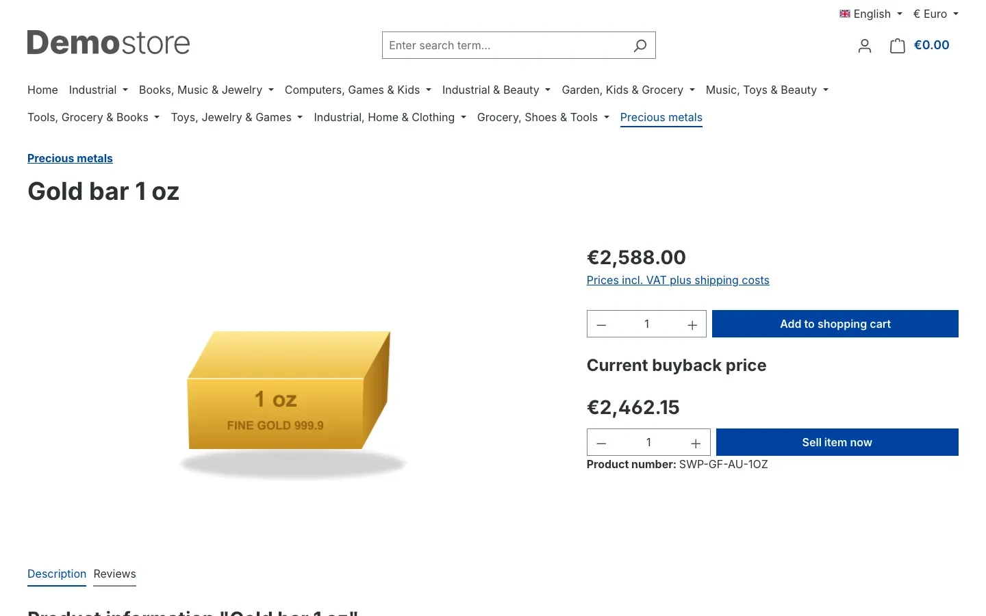 Product page with price and buyback price