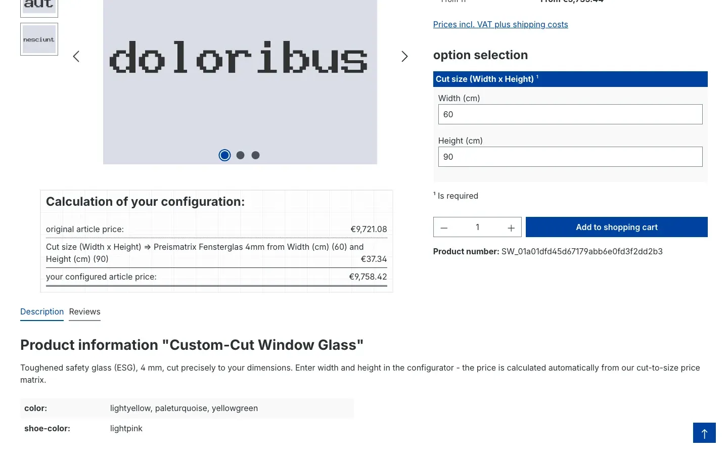 Product page with dimension fields and calculation