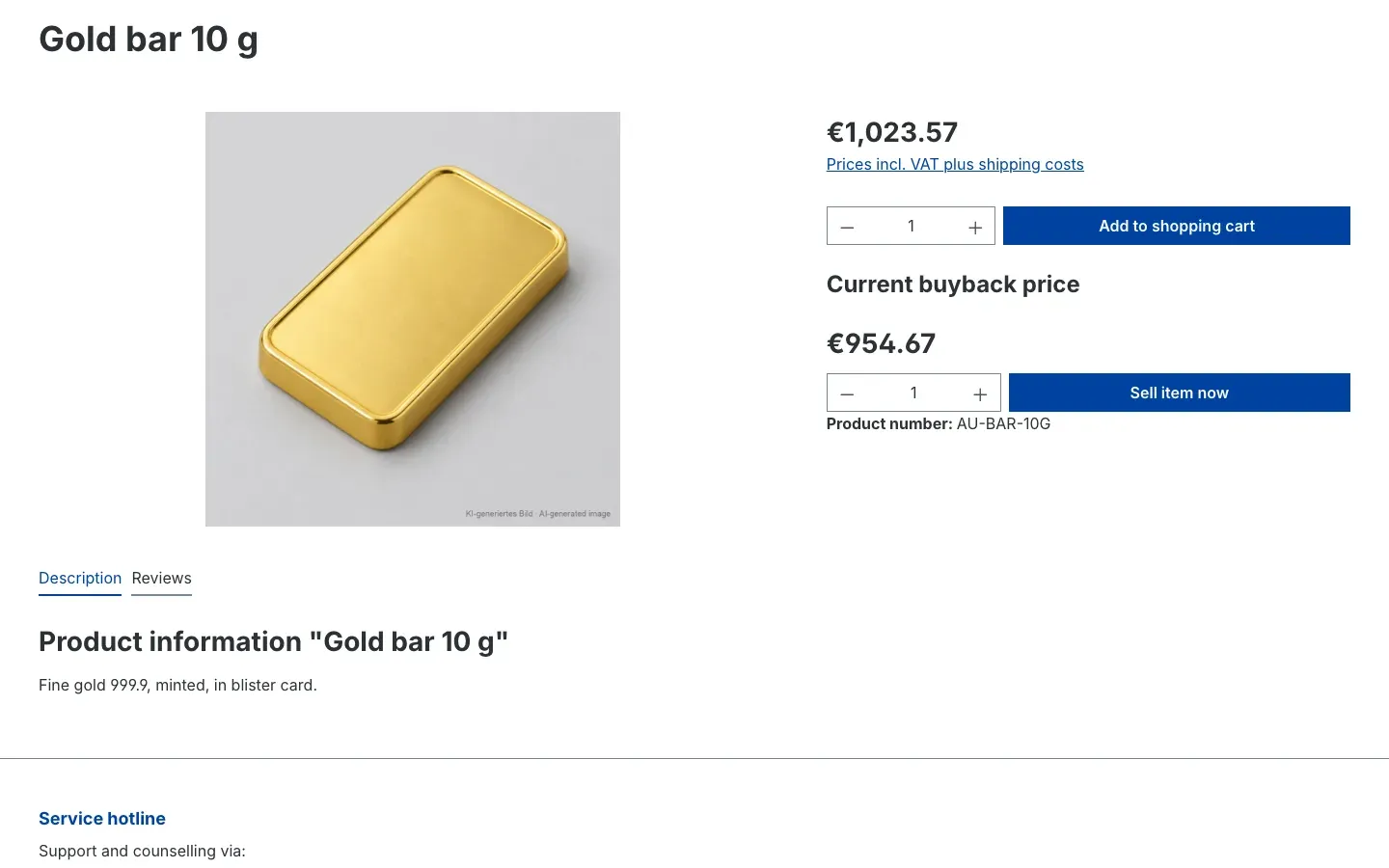 Product page with selling and buyback price