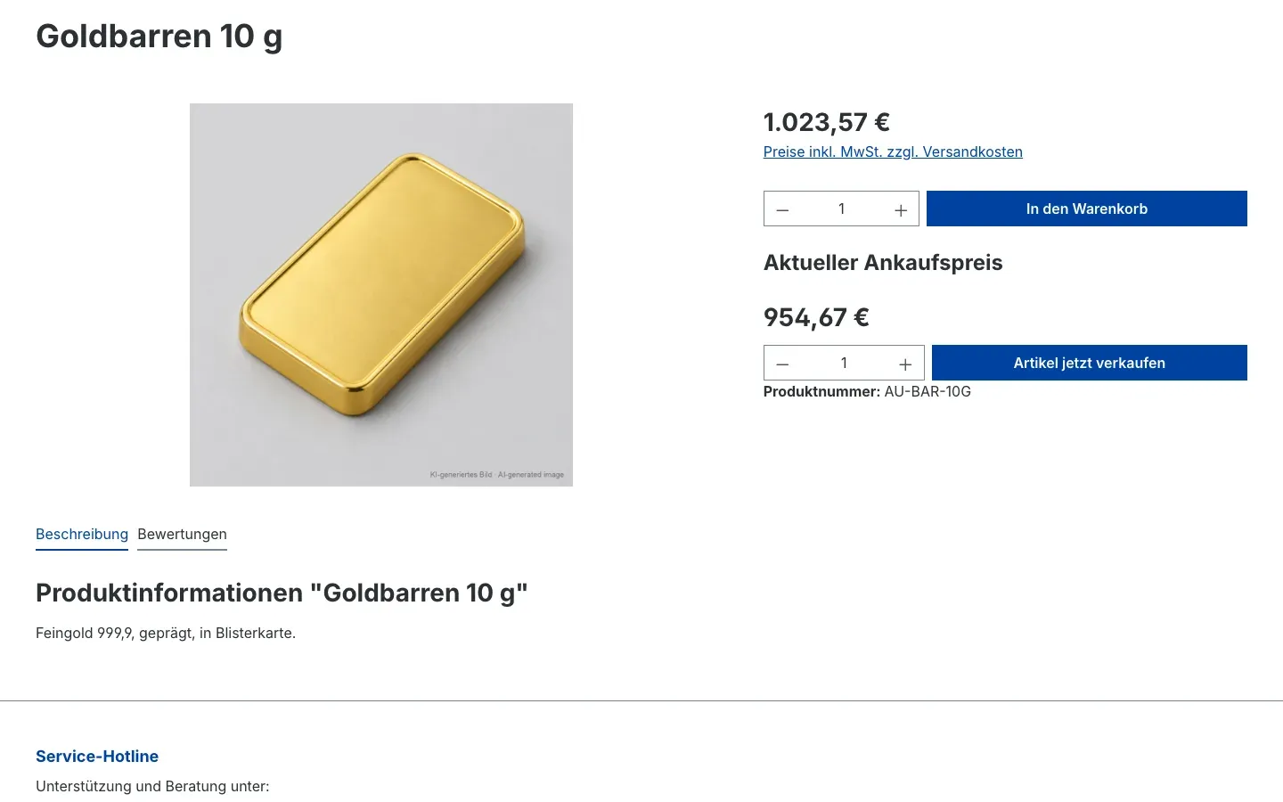 Artikelseite mit Verkaufs- und Ankaufspreis