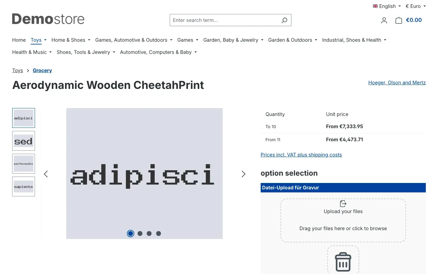 Product page with the upload area in the option selection