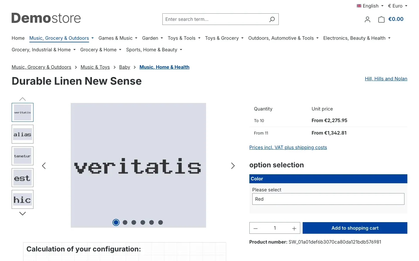 Product page with option selection