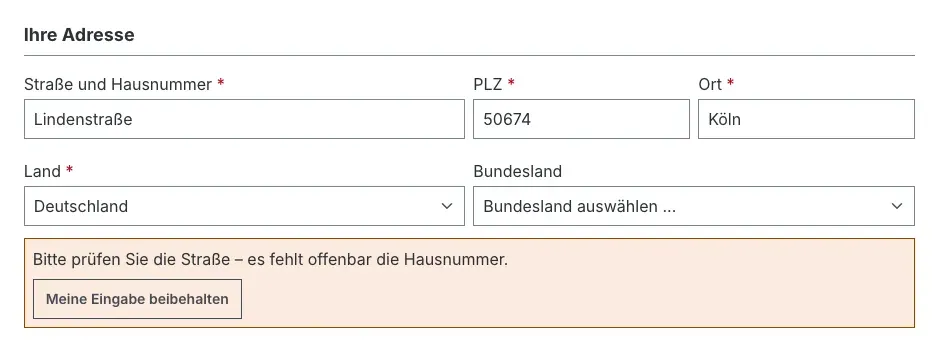 Hinweis auf eine fehlende Hausnummer bei der Registrierung