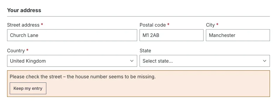 Hint about a missing house number at registration