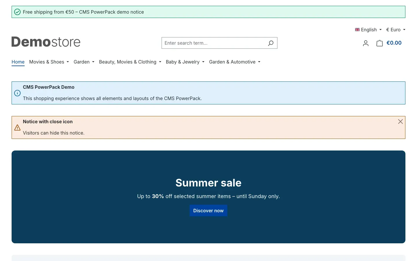 A layout in the header (green notice above the header) and two notice elements on a shopping experience