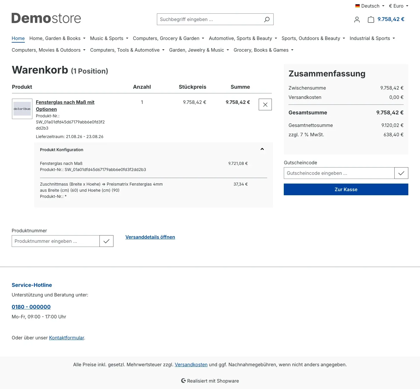 Warenkorb mit aufgeklappter Produkt Konfiguration