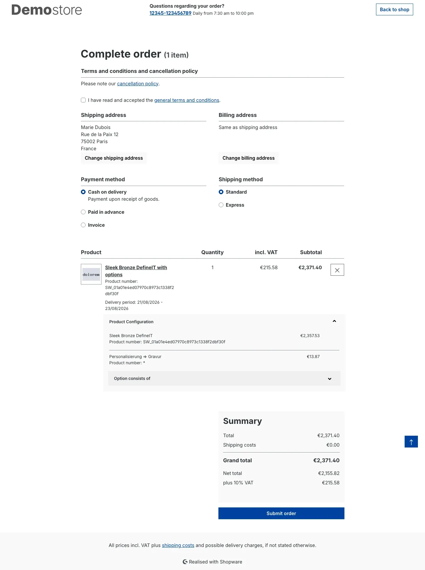 Order completion with a shipping address in France