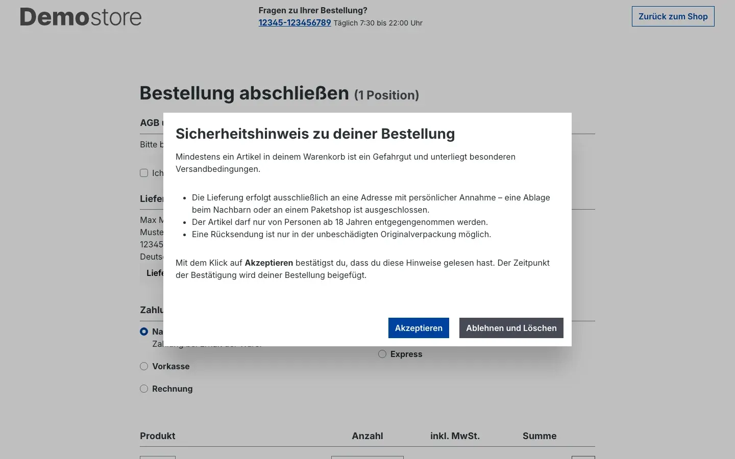 Geöffnetes Bestätigungsfenster auf der Seite „Bestellung abschließen"