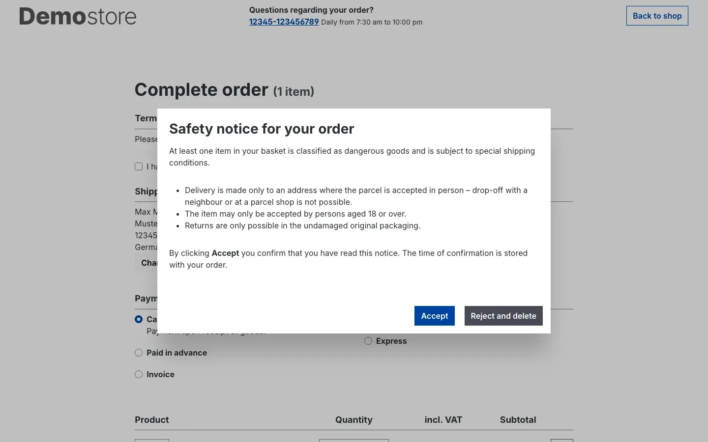 The confirmation window open on the "Complete order" page