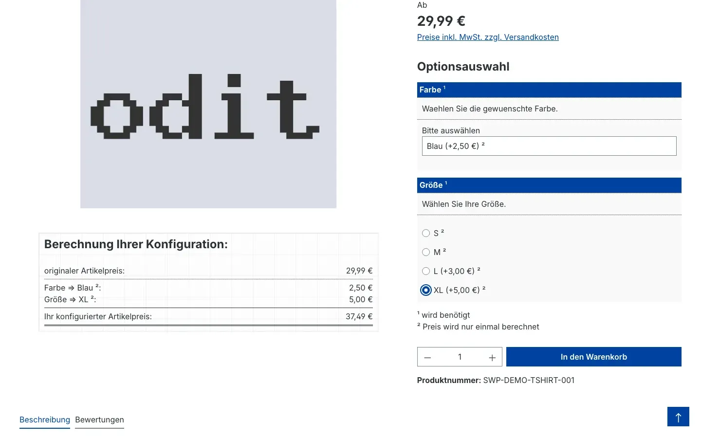 Konfigurator mit gewählten Aufpreis-Optionen