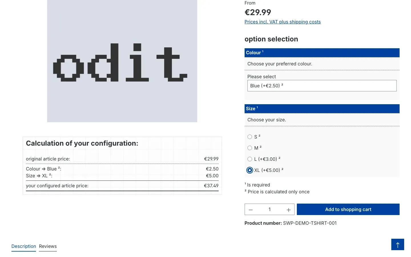 Configurator with surcharge options selected