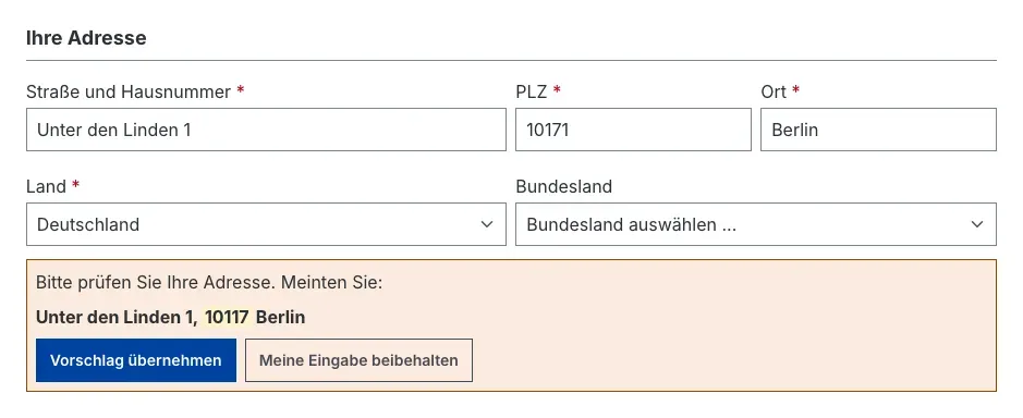 Korrekturvorschlag bei der Registrierung