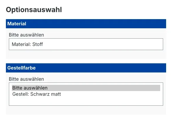 Die gesperrte Option ist aus der Gruppe Gestellfarbe verschwunden