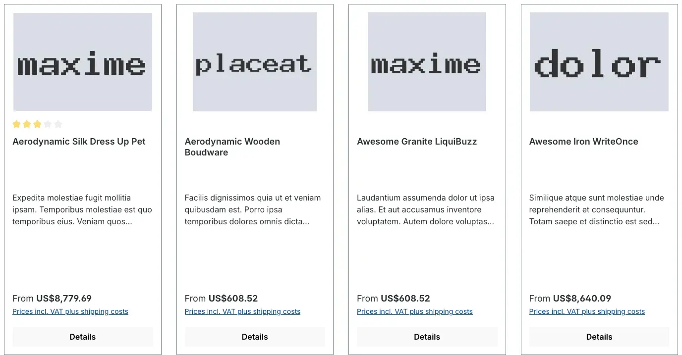 Product overview with prices in US dollars