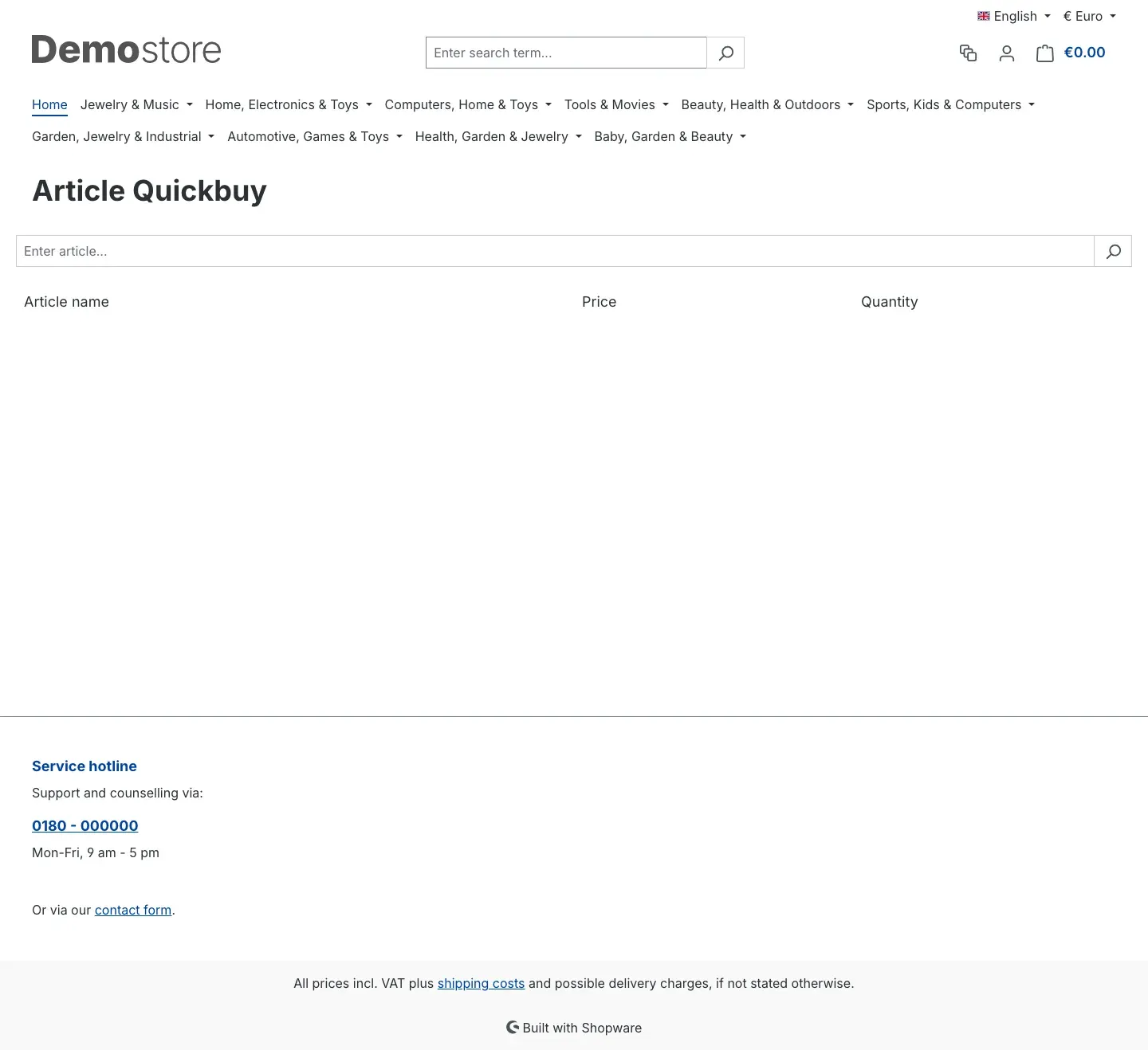 Article Quickbuy page in its initial state