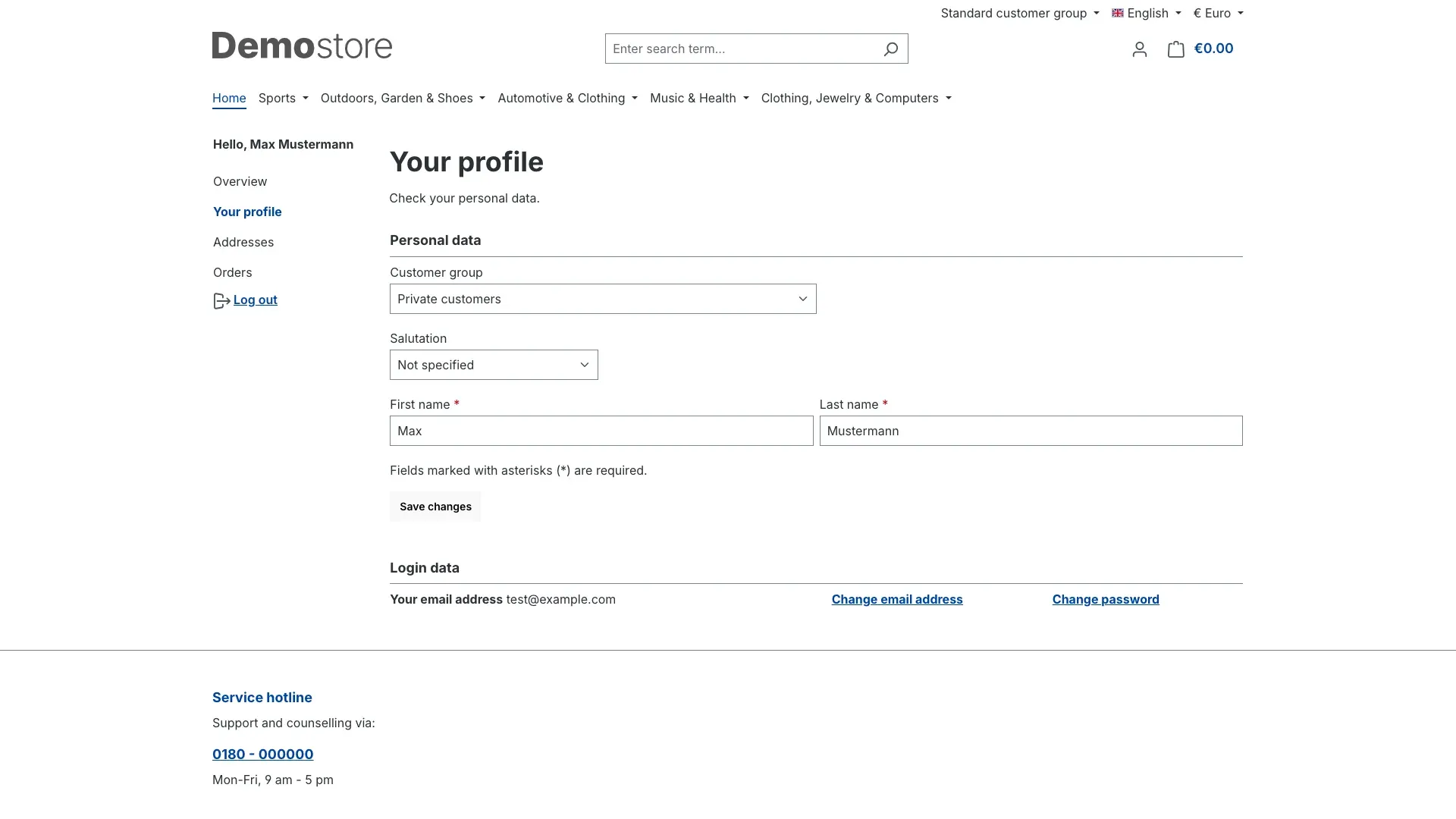 Customer group in the personal profile