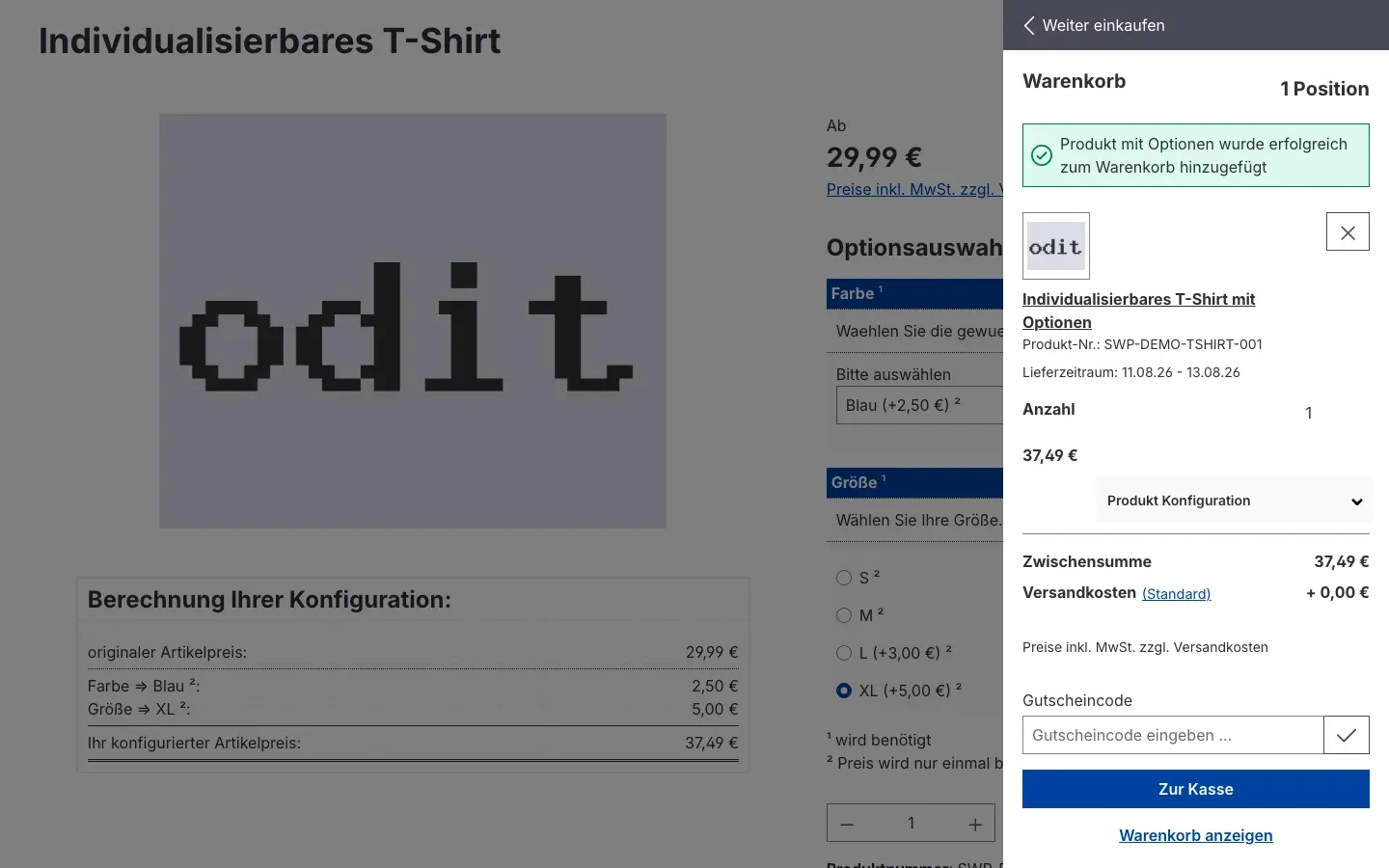 Warenkorb mit konfiguriertem Produkt