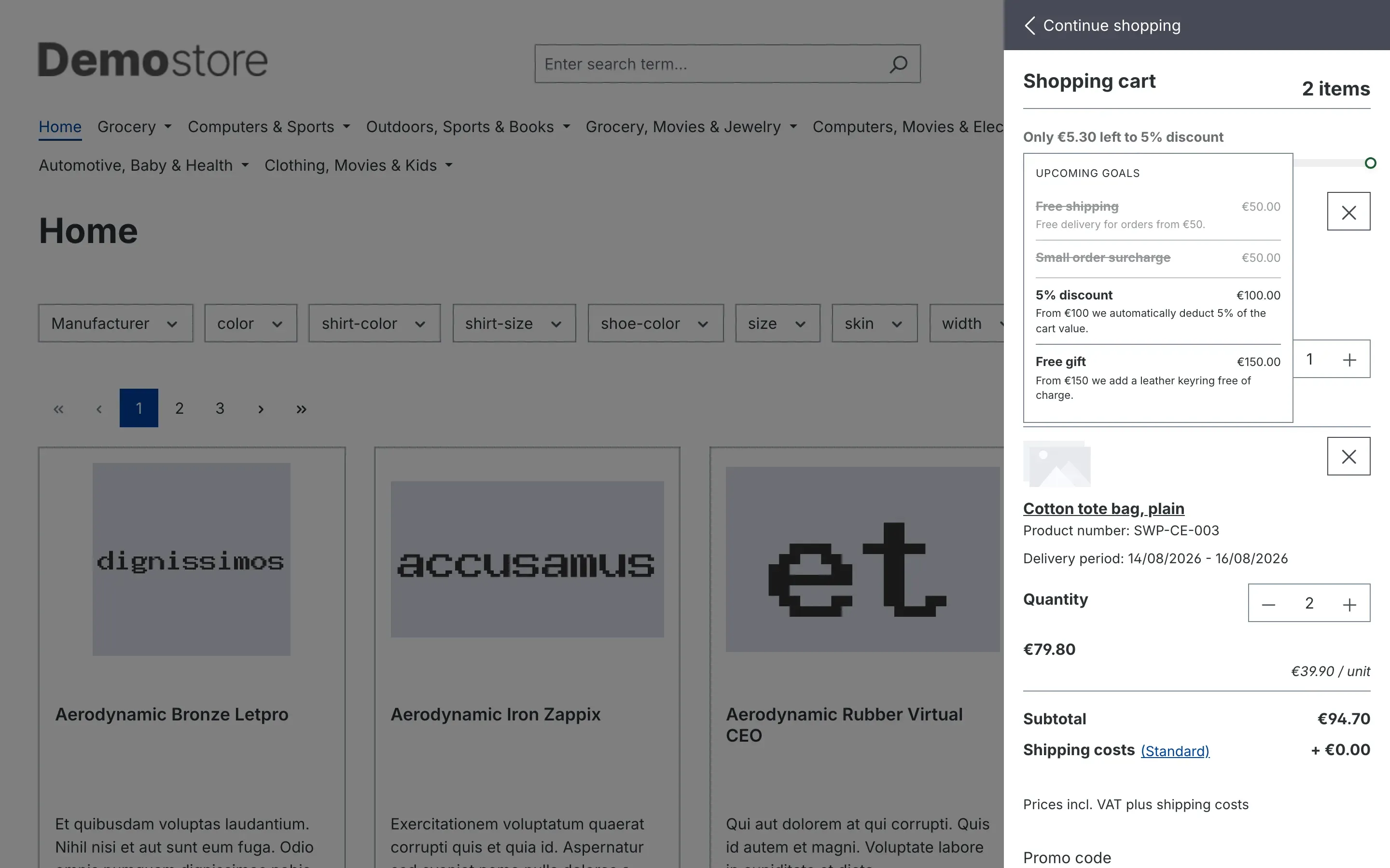 Expanded goal list in the cart