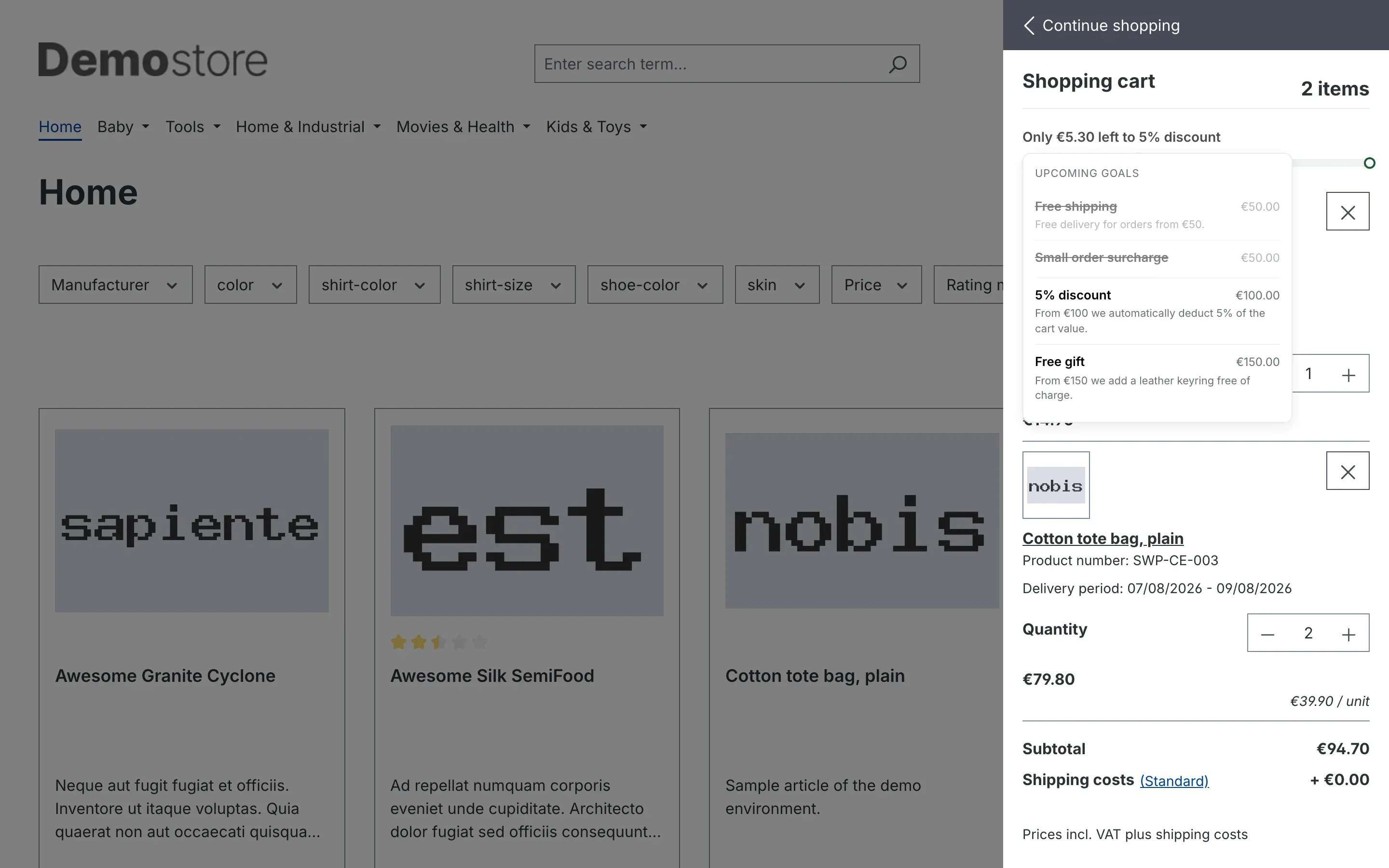 Expanded goal list in the cart