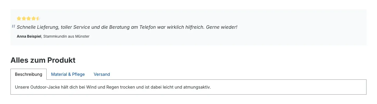 Kundenstimme mit Sternebewertung und darunter Tabs